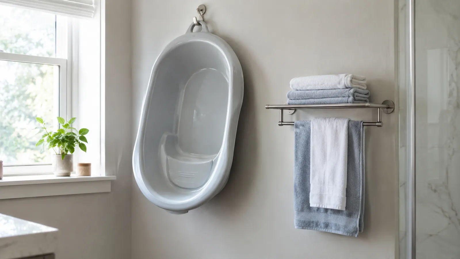 A baby bath tub hanging from a wall hook to dry in a tidy bathroom, with a folded towel on a rack below